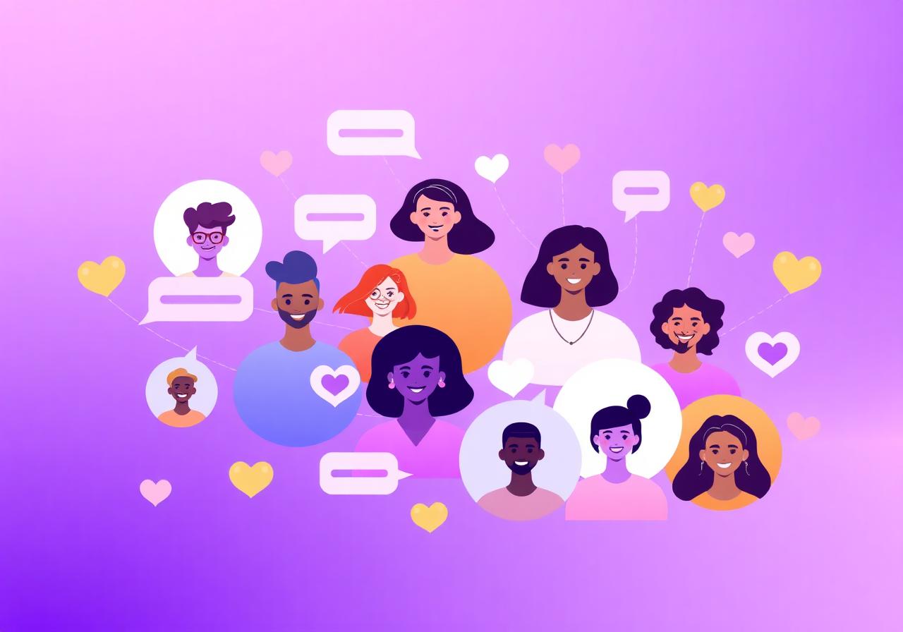 Vernetzte Creator-Community mit vielfältigen Profilen und Chat-Blasen